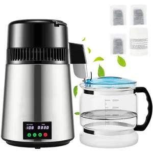 1.1 Gal Water Distiller, 0.3 Gal/H, 750W Distilled Water Maker Machine 0-99H Timing Set Temp Display, 304 Stainless Steel Countertop Distiller Glass Carafe Cleaning Powder 3 Carbon Packs, Silver