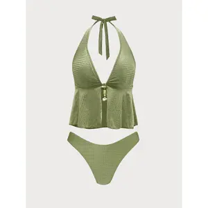 Green Rhinestones Textured Halter Tankini Set Waist Slimming Bathing Suits Padded Wireless Bra Comfortable Elastic Swimwear Outdoor Beach Surfing Swimming Suits Summer Holiday Seaside Leisure Swim