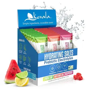 Kevala Hydrating Salts Electrolyte Powder Drink Mix Sugar-Free Keto Vegan with Prebiotics Lemon Lime Watermelon Raspberry Flavors 14 Stick Packs