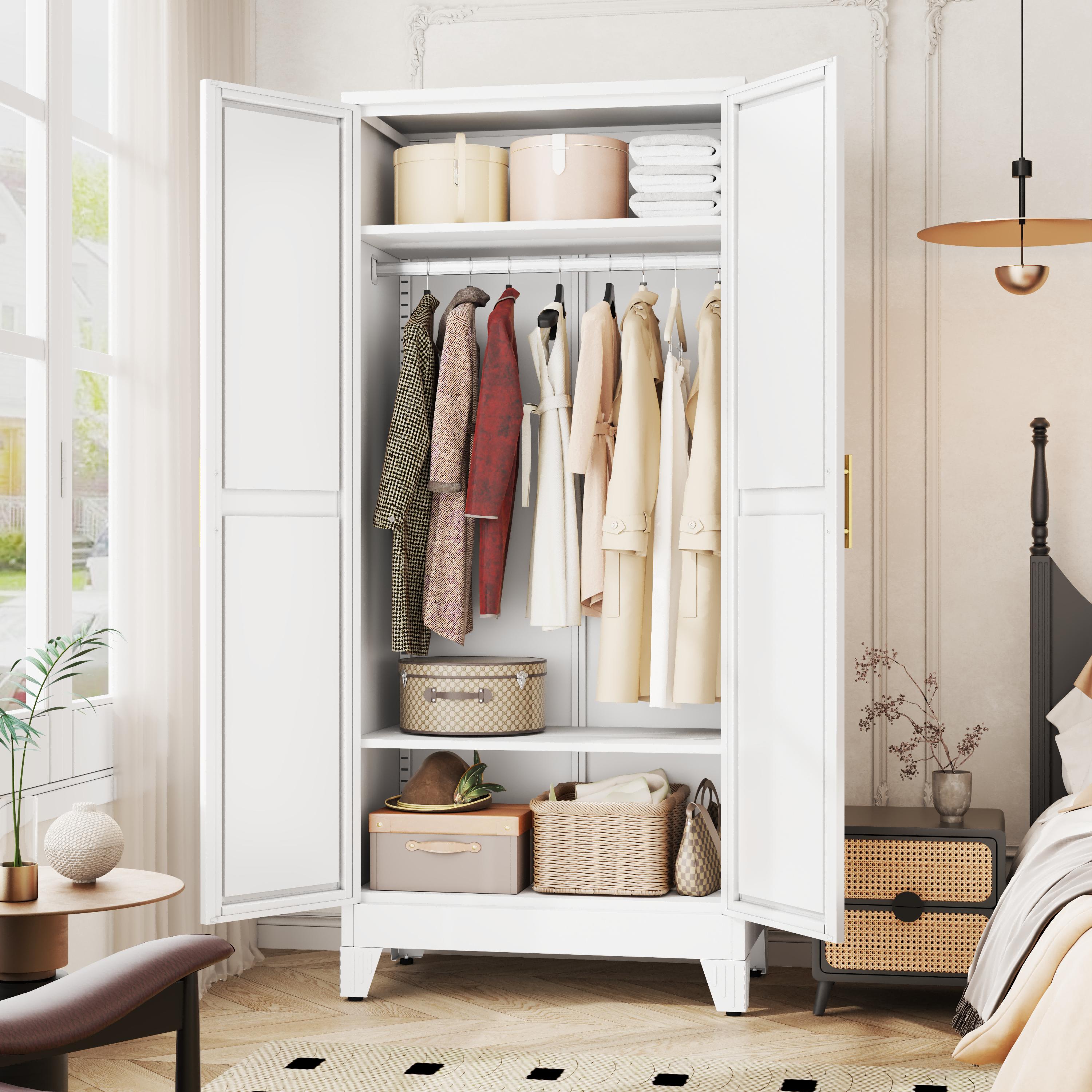 Metal Armoire Wardrobe Closet with 2 Doors, Freestanding Bedroom Clothing Storage Cabinet with Adjustable Shelves & Hanging Rod Metal Armoire Wardrobe Closet with 2 Doors, Freestanding Bedroom Clothing Storage Cabinet with Adjustable Shelves & Hanging Rod