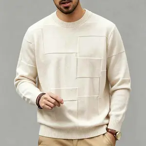Men’s crewneck sweater with three-dimensional checkered pattern — soft, smooth solid-color casual knit top