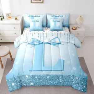 Kids Blue Bowknot 7 Pieces Bedding Set for Teens Girls Princess Initial L Comforter Set with Sheets Monogrammed Glitter Bow Bed in A Bag Personalized Alphabet Bed Set,Gifts