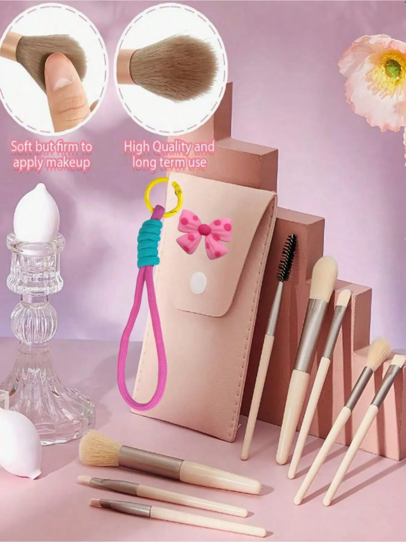 8-piece mini makeup brush set with braided bow decor. Equipped with various brushes and storage bag, synthetic bristles suit beginners and pros. Nice gift choice for daily use and festivals.