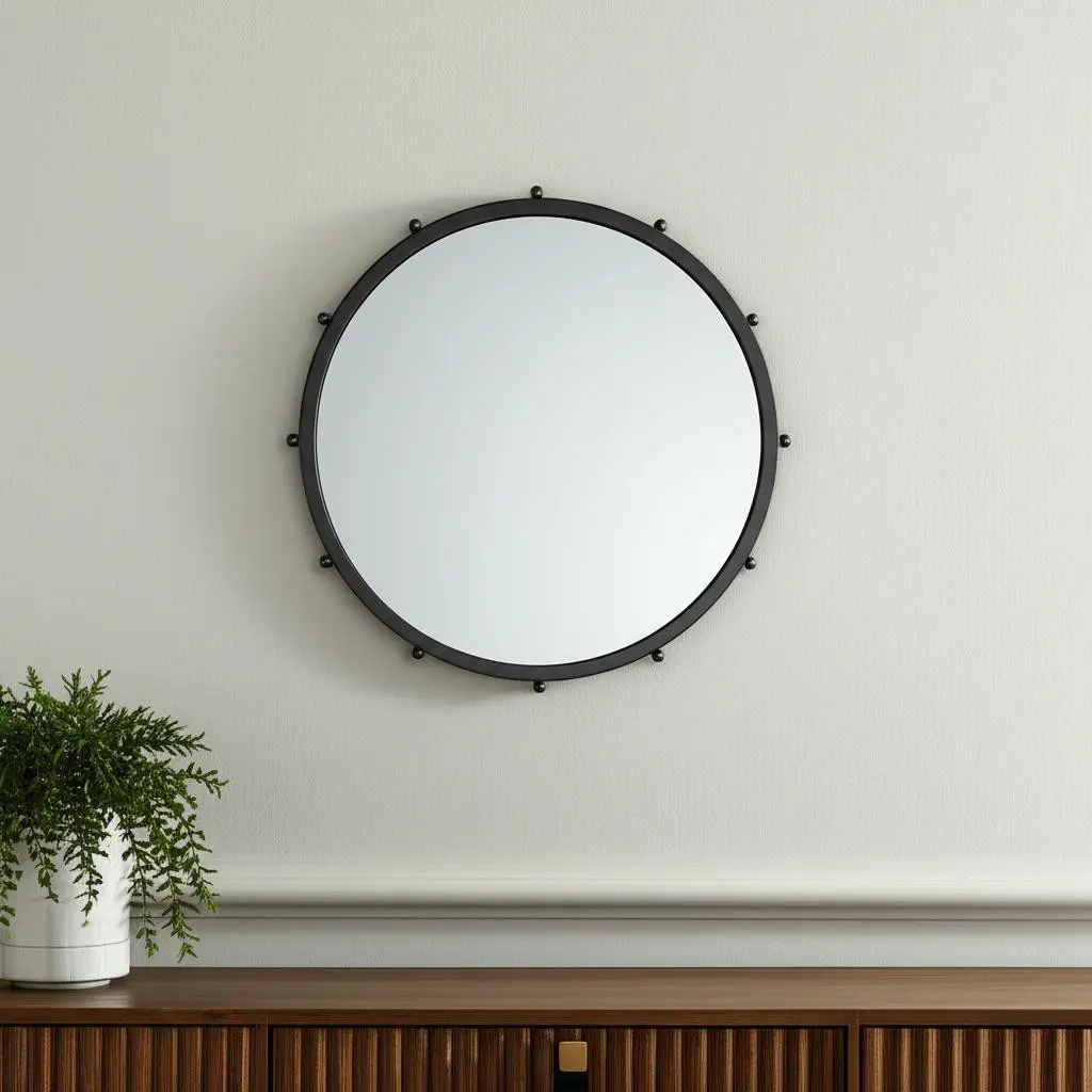 25-in. Durable Black Metal Beaded Round Framed 360 Stand Wall-Mount Glass Accent Mirror - Modern Home Decor with Bead Detailing, Room Decor