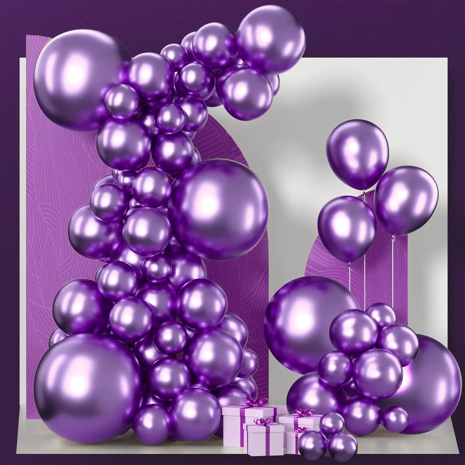 130PCS Metallic Purple Balloon Arch Kit with Chrome Balloons for Graduation, Wedding, or Party Decor