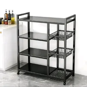 Portable Iron Movable Racks, Durable Heavy-Duty 4-Tier Organiser Storage Shelf with 3 Baskets and Wheels, Metal Utility Rack for Kitchen, Garage, 31.5''L*12.6''W*42.5''H