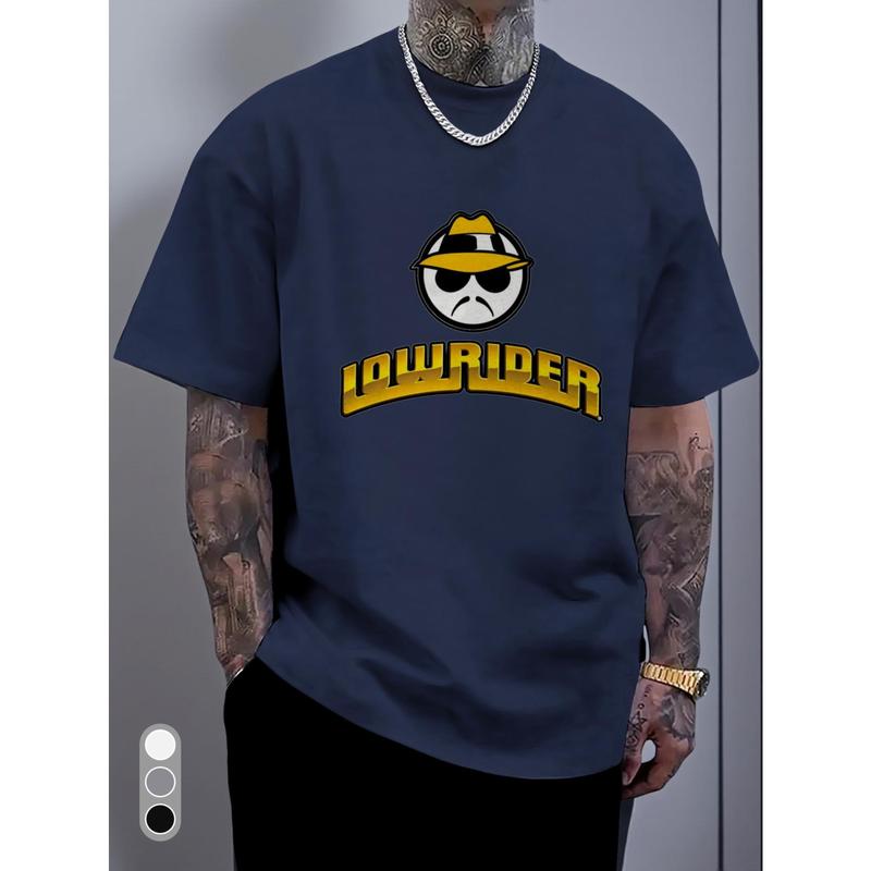 Men'S Lowrider Graphic T-Shirt - Bold Yellow Lettering & Smiling Character Print, Breathable Round Neck Casual Tee for Spring/Summer, Outdoor & Casual Attire - Lowrider Culture Apparel for Adults, Lowrider, Racing Shirt For Men, Car Shirt For Men, Graphic