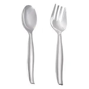 Silver Disposable Plastic Serving Flatware Set - 5 Serving Spoons and 5 Serving Forks