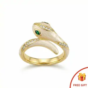 Vintage Enamel Snake Open Ring, Green Eye Clear Stone Adjustable Statement Ring, Perfect Gift for Her