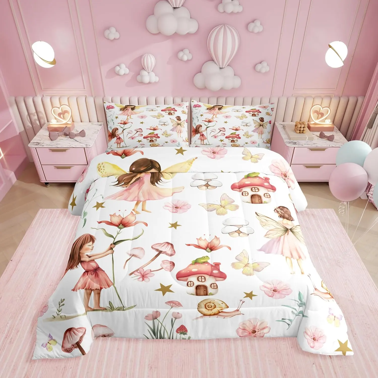 Feelyou Girls' Fairy Garden Bedding Set - Soft Warm All-Season Duvets & Sets with Floral Patchwork, Cute Pink Butterfly Mushroom Kawaii Design, Includes Comfy Blanket, Low Roll-Over & Dry, Ideal for Camping (Queen, King Sizes), Bedding Sets