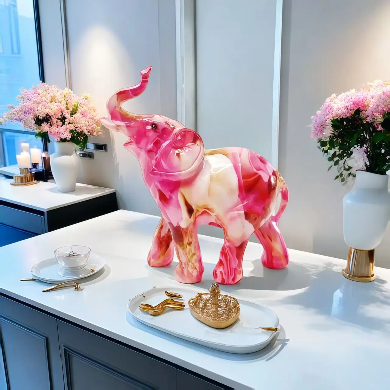 Colorful Elephant Statue, Handmade Resin Feng Shui Lucky Elephant Decor, Modern Luxury Home Decoration, Decorating, Living Room, Entryway, TV Stand, Desk, Resin Animal Sculptures, Home Decor Ornament, Home Ornaments, Decoration Items