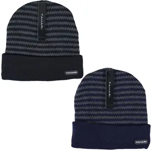 Tahari 2x Cuffed Knit Winter Beanie Ski Hat Insulated With Faux Fur(Unisex)(Black&Navy)