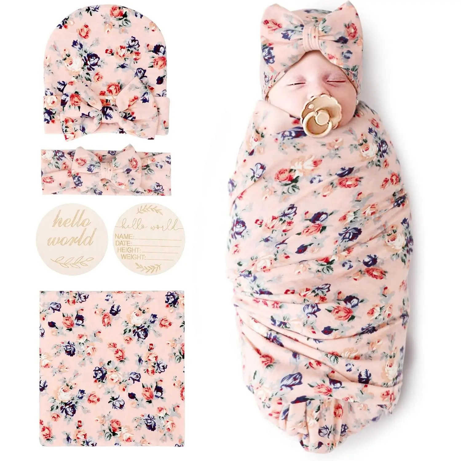 Baby Girl Newborn Receiving Blanket with Bow Hat Headband Wooden Birth Announcement Card Set Floral Print Nursery Swaddle Wrap