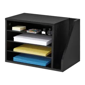 fathersdaygift VEVOR Literature Organizer, 4 Compartments Office Mailbox with Detachable Shelves, Wooden Mailbox Sorter with Side Vertical Storage, Countertop Office Home Organizer for File, Document, Paper, Black