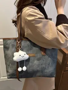 Large Capacity Women's Bag New High-End Denim Shoulder Bag, Fashionable Versatile Commuter Tote, Casual Gingham Pattern, All Seasons