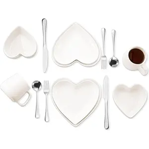 14 Pcs Heart Shaped Dish Set, Valentine’s Day Ceramic Dinnerware Set with 4 Matte Heart Plates, 2 Pink Bowls, 2 Coffee Mugs and 6 Gold Cutlery Pieces for Party, Wedding and Romantic Table Decor