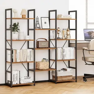 Triple Wide 4-Tier Industrial Bookshelf - Rustic Brown Wood and Black Metal Bookcase with 11 Open Shelves, Adjustable Feet, Easy Assembly for Home and Office
