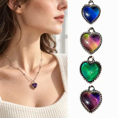 Color Changing Mood Heart Necklace for Women, Temperature Sensitive Pendant Necklace, Romantic Love Jewelry Gift for Girlfriend, Birthday & Valentine’s Day