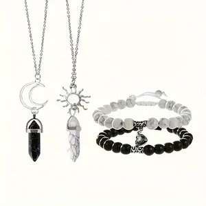 4Pcs Sun Moon Synthetic Stone Turquoise Couple Necklace, Charm Lucky Love Magnetic Bracelet, Valentine's Day Party Gift Set