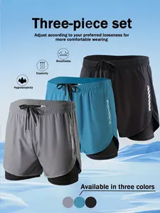 Set of 3 Men'S Dual-Purpose Gym Shorts, Featuring Quick-Drying Fabric And an Elastic Drawstring Waist, Ideal for Running And Workouts.