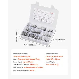 VEVOR 246 Pcs Bolts and Nuts Assortment Kit, Imperial Screws and Flat Washers, Stainless Steel 1/4-20, 5/16-18, 3/8-16, Spring Lock Washers for Furniture/ Equipment/Vehicle Assembly with Case
