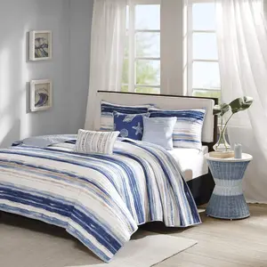 Quilt Set Cottage Coastal Design, 6 Piece Set - All Season Coverlet Bedspread Lightweight Bedding Layer, Shams, Toss Pillows, Full/Queen(90"x90"), Blue/White