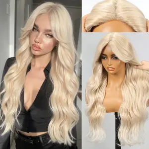 KOME Blonde Synthetic Lace Front Wig,T Part Glueless Long Body Wavy Wigs With Bangs for Women Cosplay Daily Use 28IN
