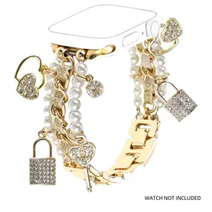 Fashion Pearl Beaded Watch Band, Stylish metallic Cuban Chain with Shiny Lock Key Charms Pendants for iWatch Series 10 9 8 7 6 5 4 3 SE Ultra 2, Wearable