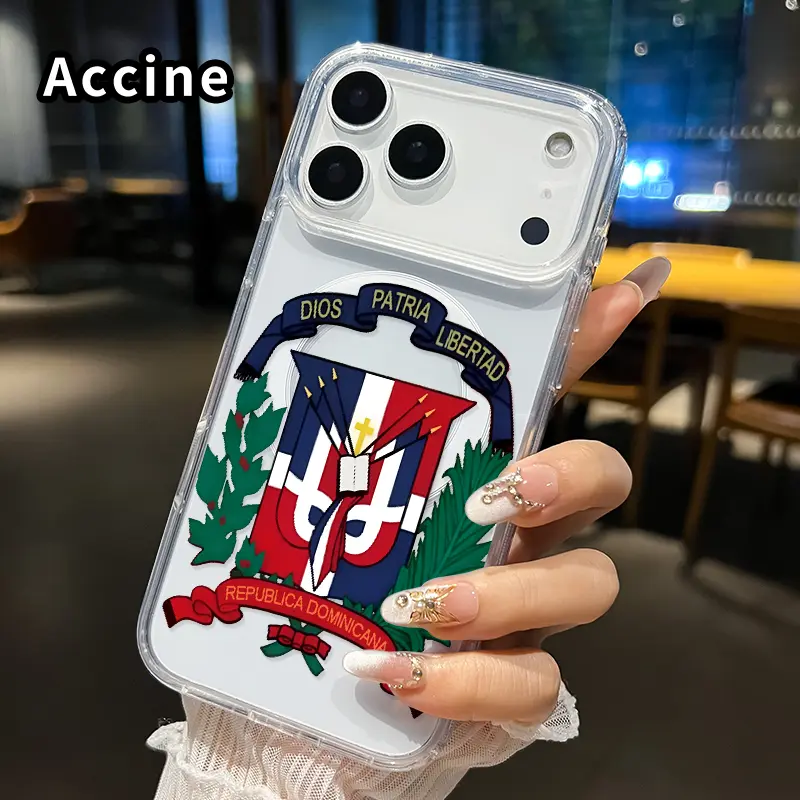 Magnetic Phone Case for iphone Supports Wireless Charging Phone Case for iphone for 17 Pro Max 16 Plus 15 14 13 12 11 Air XR E Dominican Republic Emblem Pattern Non-Yellowing Shockproof Clear Slim Protective Softcase Transparent Acrylic Large Hole Cover