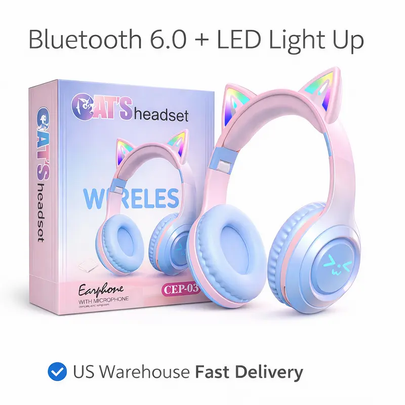 ROEL-PLAY Wireless Bluetooth Cat Ear Headphones with Mic, LED Light, Foldable Over-Ear Audio Headset - Portable, Adjustable, Rechargeable Electronic Device for Mobile Phones, Laptops - Cute Gift for Teens