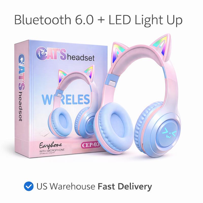 Wireless Bluetooth Cat Ear Headphones with Mic LED Light Foldable Over Ear Headset for Mobile Phone Laptop and Computer Cute Gift for Kids Teens and Adults