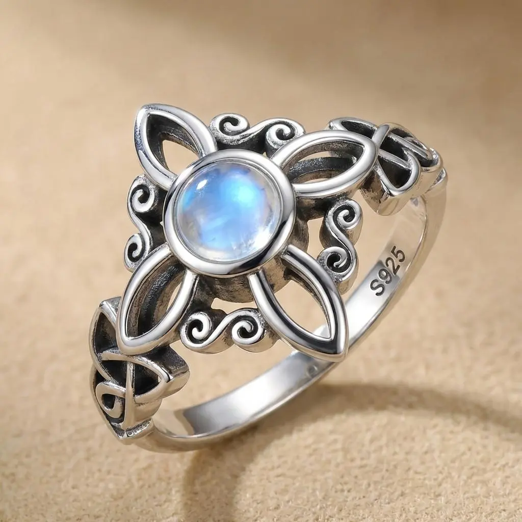 Women's S925 Sterling Silver Celtic Knot Moonstone Ring - Vintage Inspired Unique Ring, Elegant Floral Design, Everyday Wear Meaningful Gifts with Jewelry Gift Box summerwins, Unique Rings