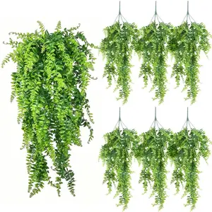 6-Pack Hanging Artificial Plants, UV Resistant Fake Boston Ferns, Lifelike Decorative Faux Greenery, Plastic Ivy Vines for Home Garden Wedding Party, Outdoor Faux Plants
