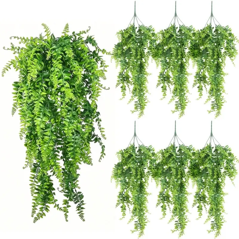 6-Pack Hanging Artificial Plants, UV Resistant Fake Boston Ferns, Lifelike Decorative Faux Greenery, Plastic Ivy Vines, Fake Plastic Leaves for Home Garden Wedding Party, Outdoor Faux Plants