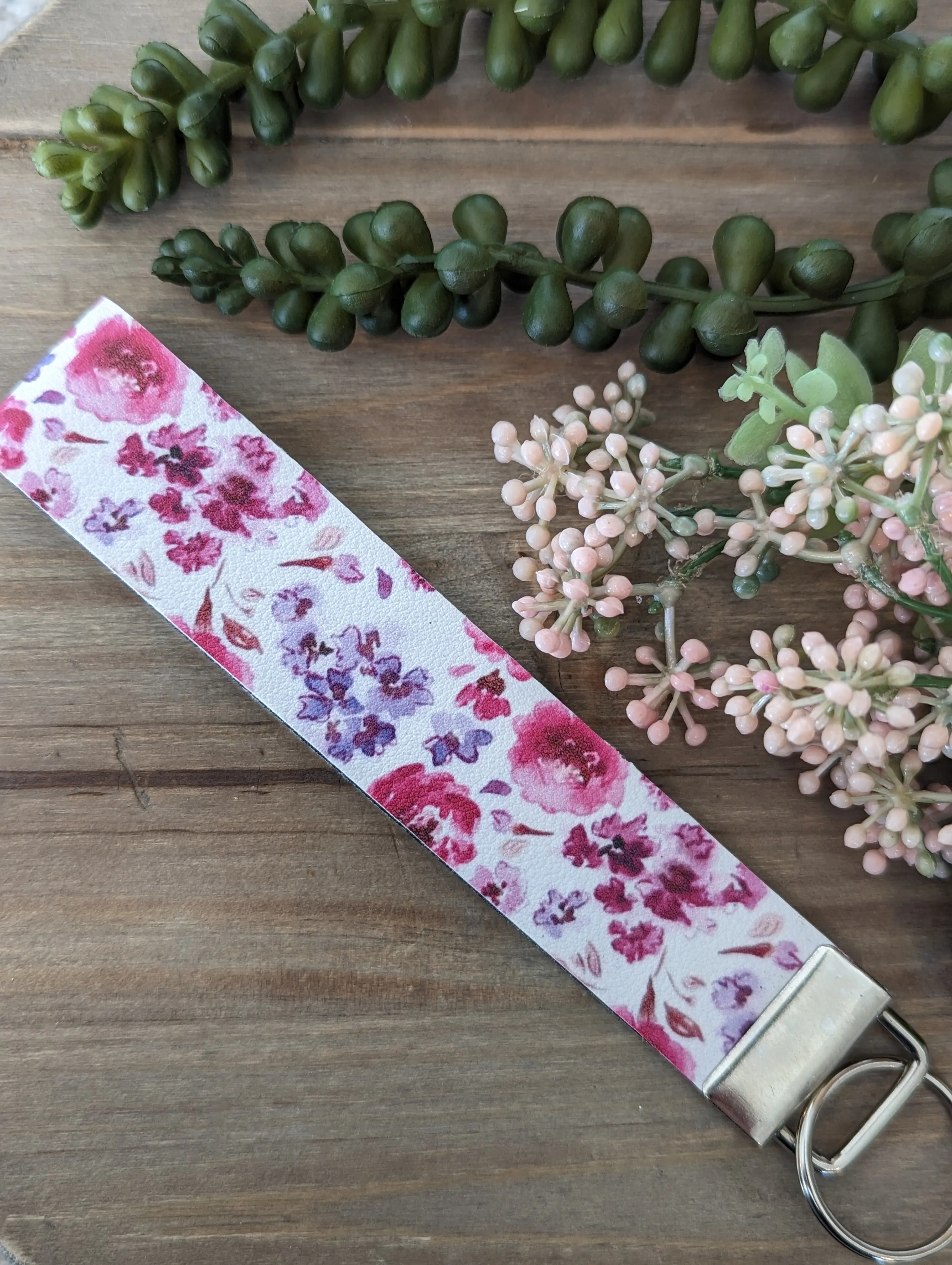 Purple and Pink Flower Faux Leather Wristlet