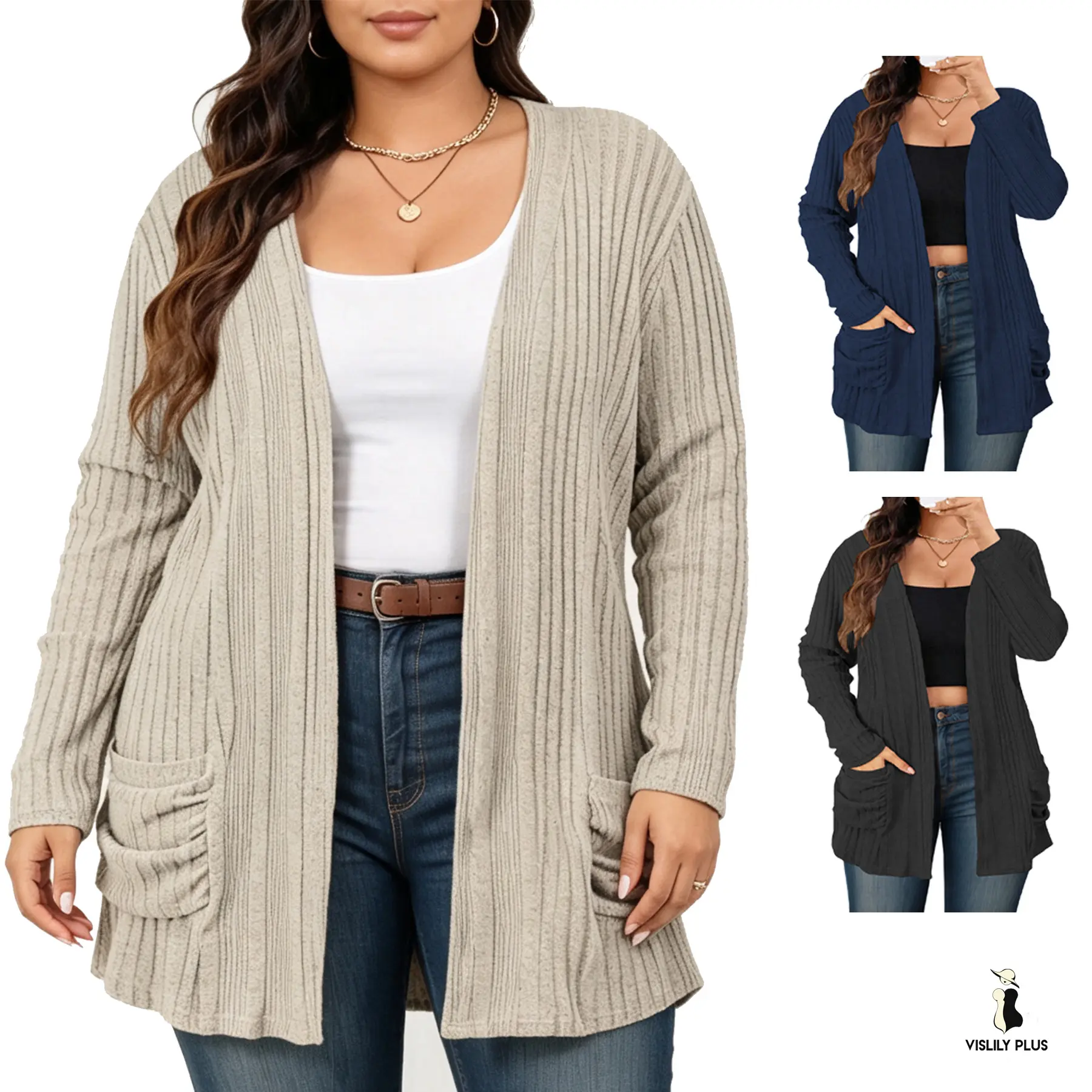 Women's Plus Size Open Front Cardigans Winter Dressy Long Sleeve Lightweight Knit Sweaters with Pleated Pockets versatile outerwear coat XL–5XL DPS1158 Knitwear Chic Knitting Womenswear Soft