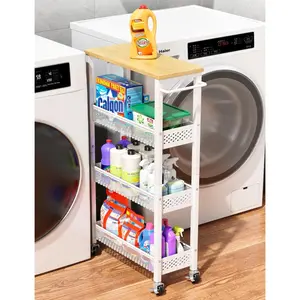 Utility Slim Storage Cart, 4 Tier Small Rolling Kitchen Laundry Room Cart with Wood Top, Metal Narrow Bathroom Storage Cabinet Mobile Shelf Unit Organizer Trolley with Handle for Narrow Space