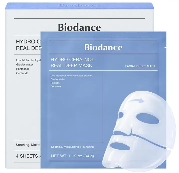 BIODANCE Hydro Cera-nol Real Deep Mask, Hydrating Overnight Hydrogel Face Mask, Moisturizing, Redness Reducing, Quick Soothing, After Sun Care, Sunburn Relief, Korean Skin Care |1.19oz(34g) x4ea