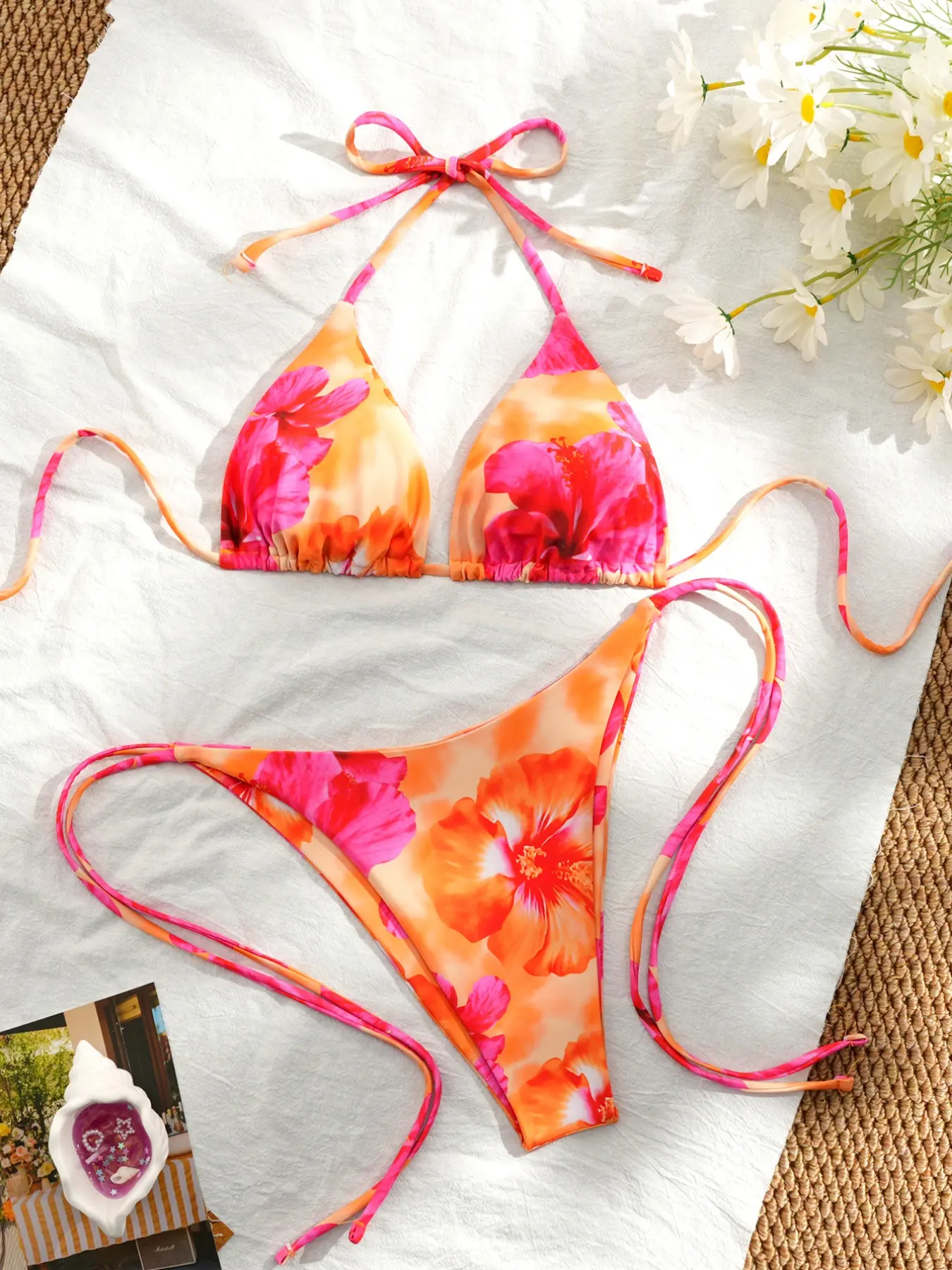 Floral Check Print Bikini Set, Reversible Swimsuit for Women, Perfect for Summer Beach and Vacation, Beach Bikinis, Swim Top Set, Flower Print Bikini