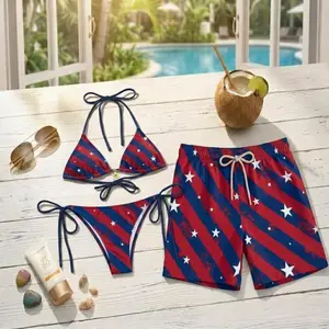 Summer 2026 USA Stars & Stripes Couple Swimwear Set – Matching Bikini & Hawaiian Shorts, Viral Summer Beach Outfit, Patriotic Red Blue Swim Set for Couples