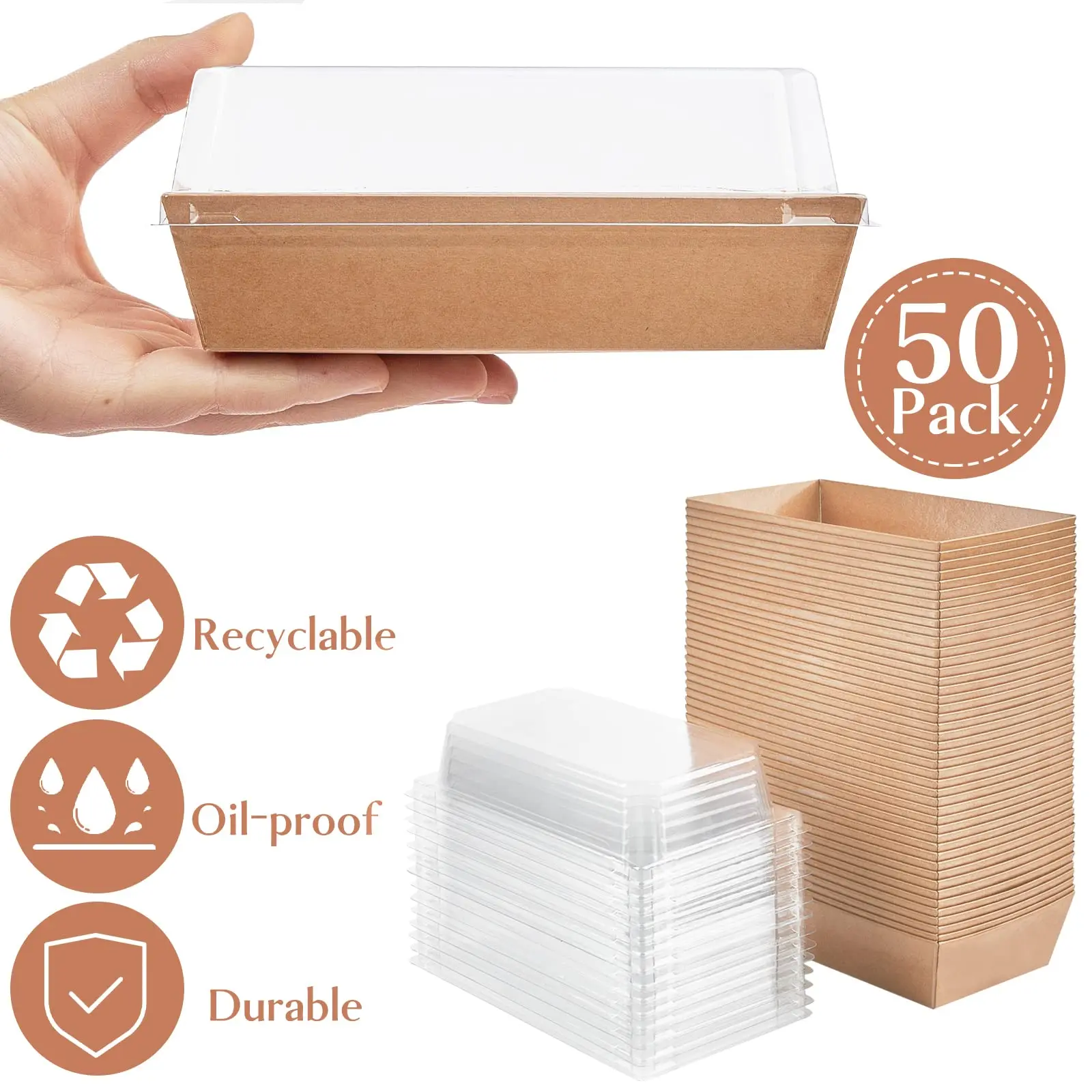 50 Pack Paper Charcuterie Boxes with Clear Lids – Small Kraft Bakery Containers for 2 Cupcakes, Muffins, Cocoa Bombs, Strawberries – Disposable To-Go Dessert Boxes