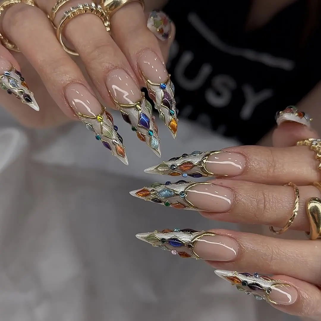 Julina Beauty | Luxury Jade Blossom Press On Nails  Green Gold 3D Flower Long Coffin Fake Nails Reusable