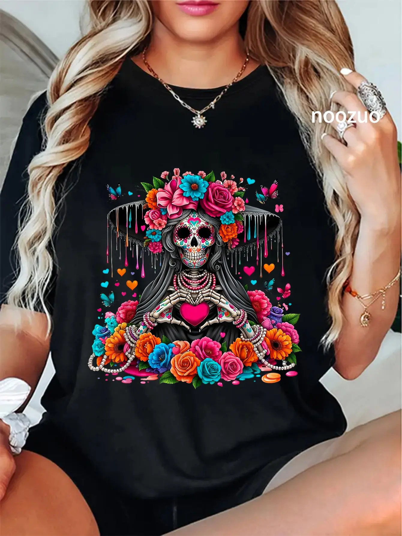 Women's Catrina Skeleton Graphic T-Shirt - Vintage Distressed Streetwear, Casual Shortsleeve Cotton Crew Neck Top with Whimsical Fun Vibe for Everyday Wear