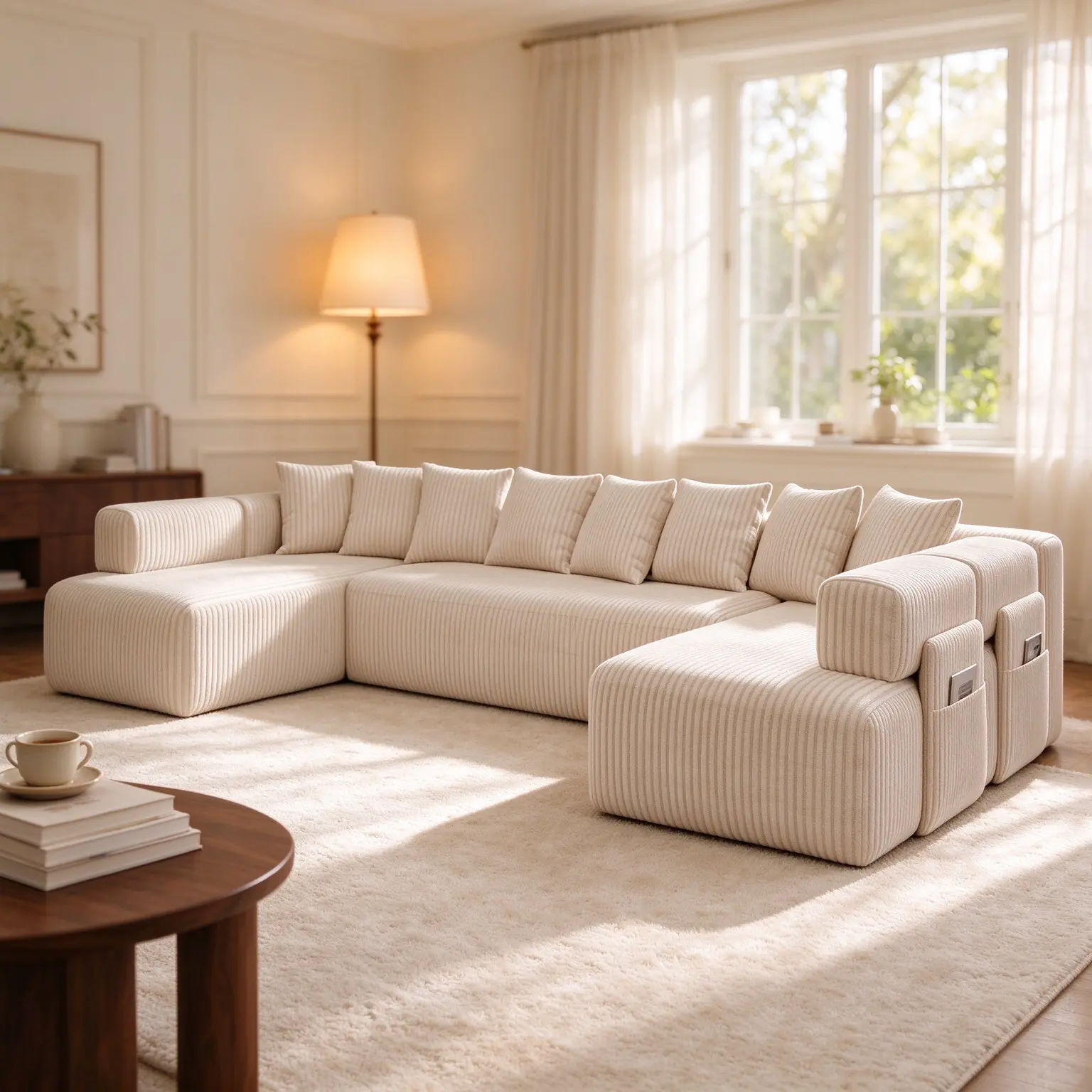 146" Wide Boneless Cloud Couch, U Shape Corduroy Modular Sectional, Ready-to-Use Chaise Sofa for Modern Living Room