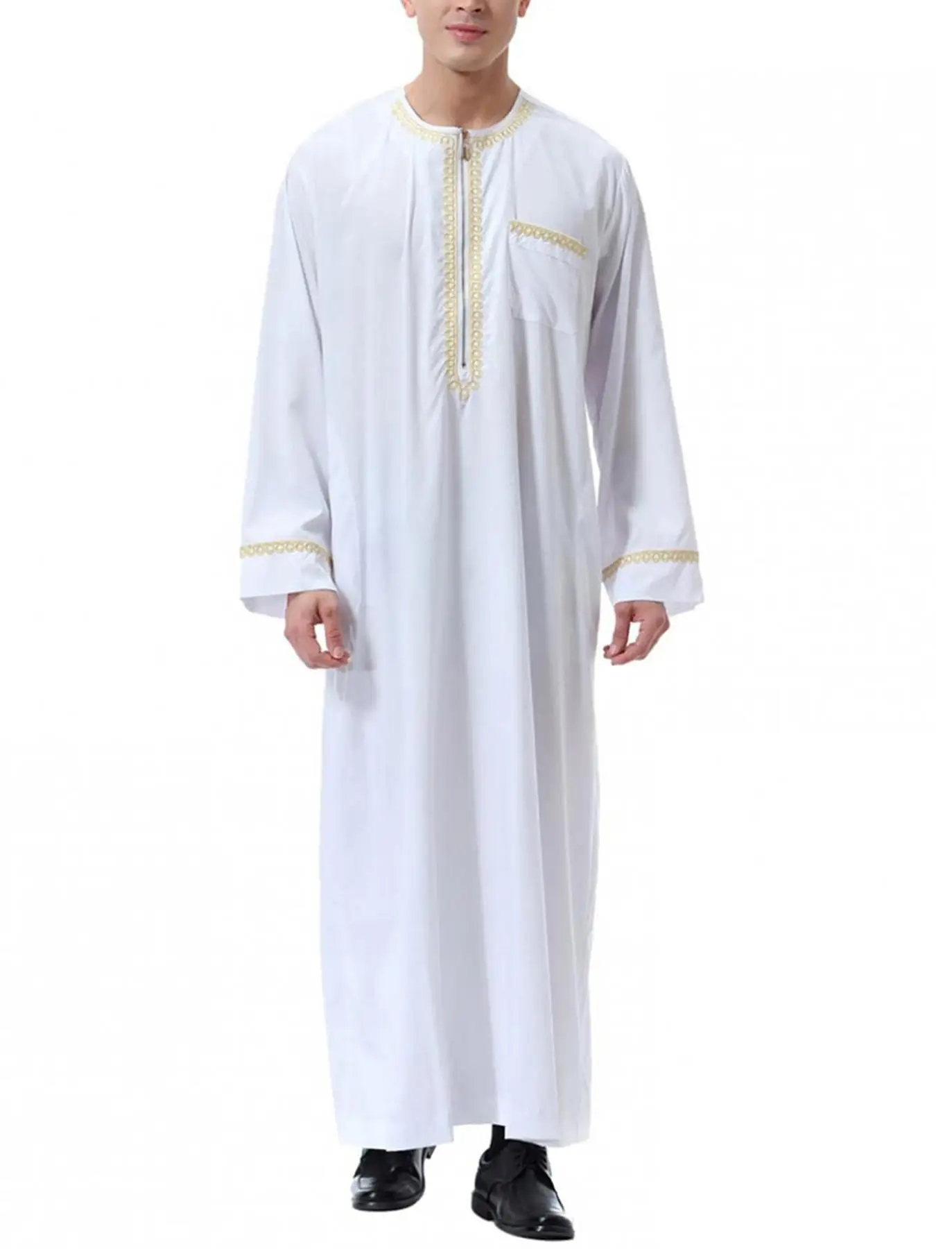 Men's Solid Color Thobe, Modest Long Sleeve Round Neck Long Robe, Muslim Clothing for Daily Wear