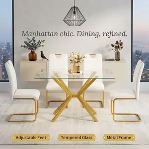 47.24 Inch Rectangular Tempered Glass Dining Table, Modern Sleek Kitchen Table with Sturdy Metal Legs and Adjustable Leveling Feet, Multifunctional Home Furniture for Dining Room and Living Room Decor