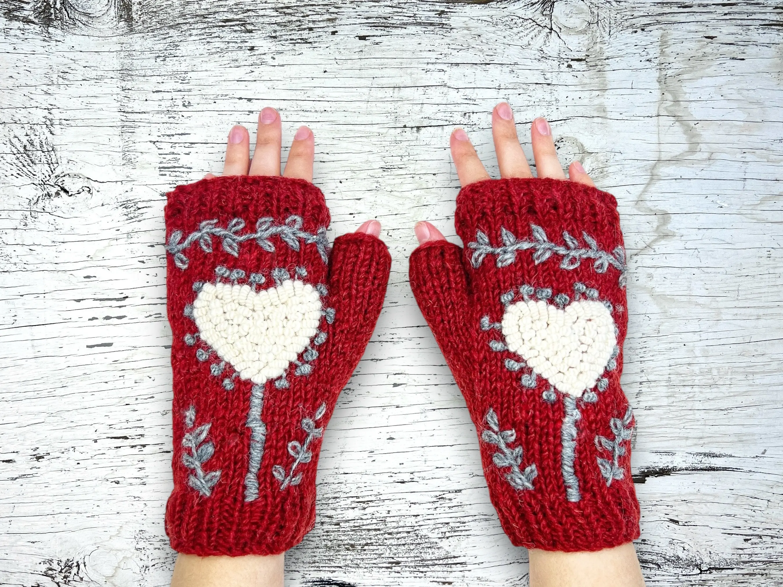 Hand Knit Terracotta Rust Heart Embroidered Fingerless Gloves Brick Wool Texting Mittens Fleece Lined Winter Women's Birthday Christmas Gift