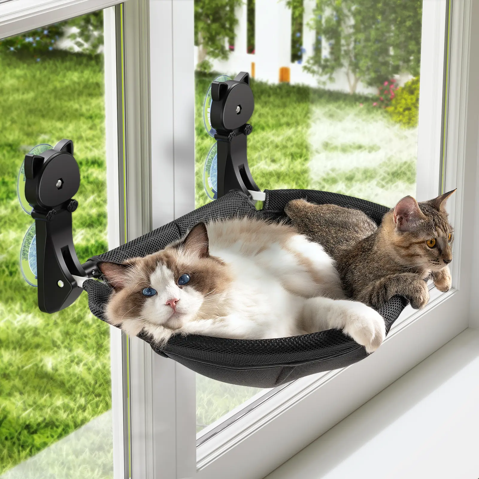 Cat Window Perch Hammock with Suction Cups, Breathable Mesh Fabric, Secure Sunken Design - Foldable, Space-Saving, Stable Metal Construction - Supports 40lb, for Sunbathing, Home & Apartment Use