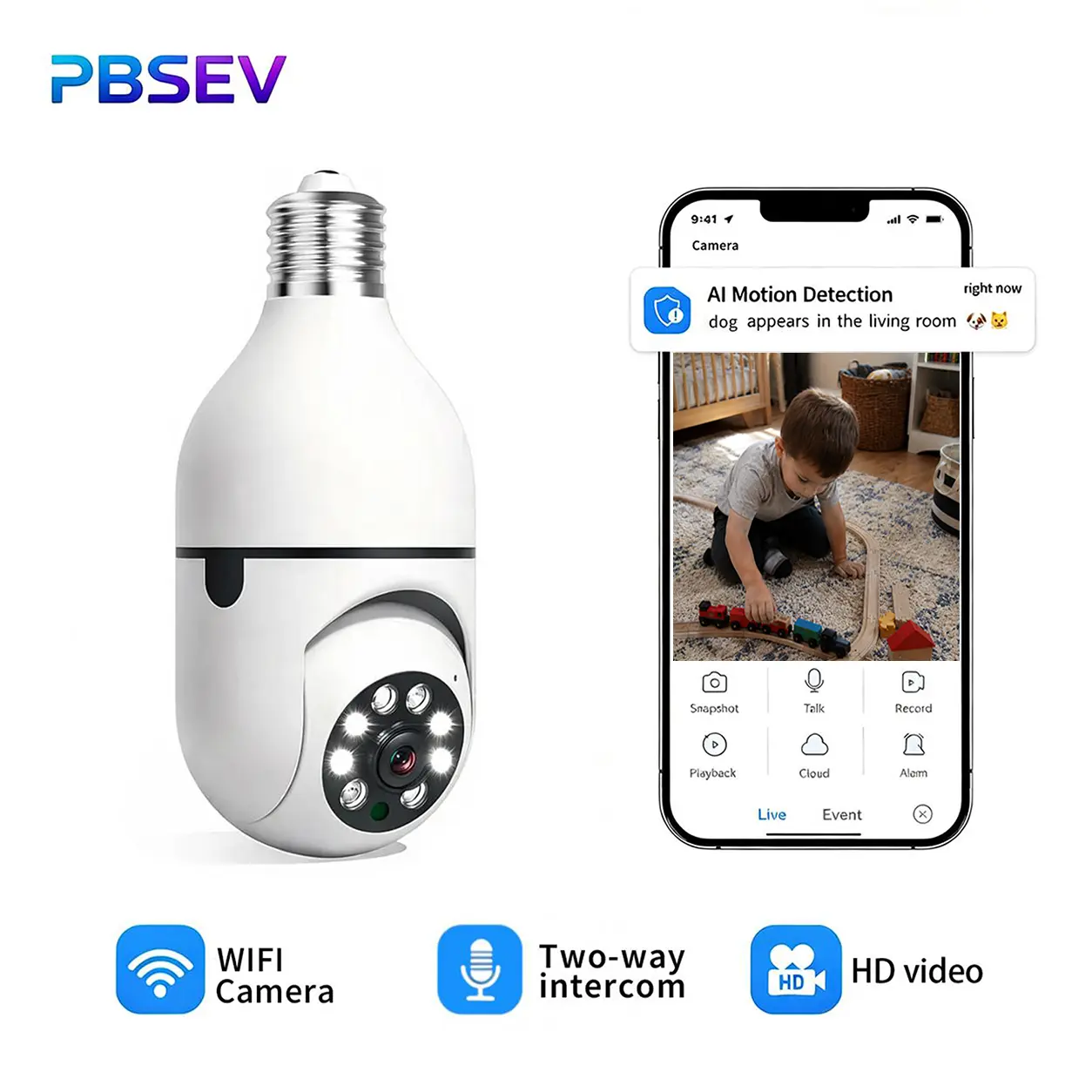 PBSEV Home Indoor Security Camera Kit,3MP Full HD Smart E27 Bulb Camera,featuring 360°pan-tilt rotation and 2.4GHz wireless WiFi system (NOT5G)supports motion detection,two-way audio,easy installation,compatible with TFcard/cloud storage