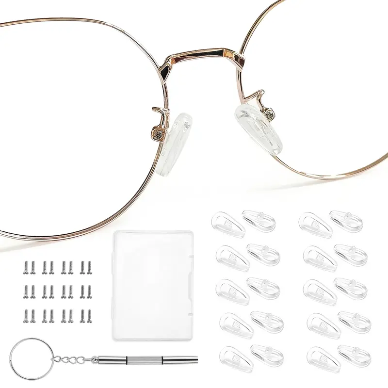 Unisex Rubber Non-Slip Cushioned Eye Glasses Nose Pads (10-Pair) with Durable Eyeglass Repair Kit, Screws, 1 Micro Screwdriver for Easy Installation, Discomfort-Preventing Replacement Accessories